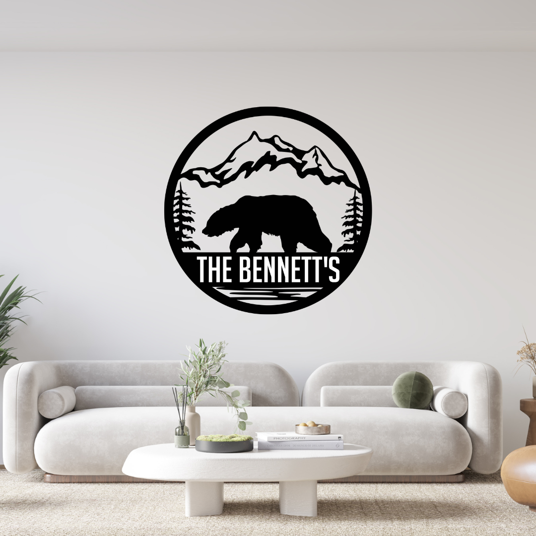 Personalized Bear + Mountains Monogram Sign