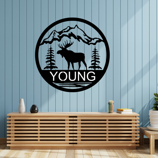 Personalized Moose + Mountains Monogram Sign